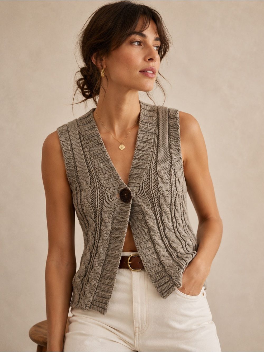 Pure Handknit Taupe Brown 100% Cotton Cable Knit Button Front Sweater Vest XS/S